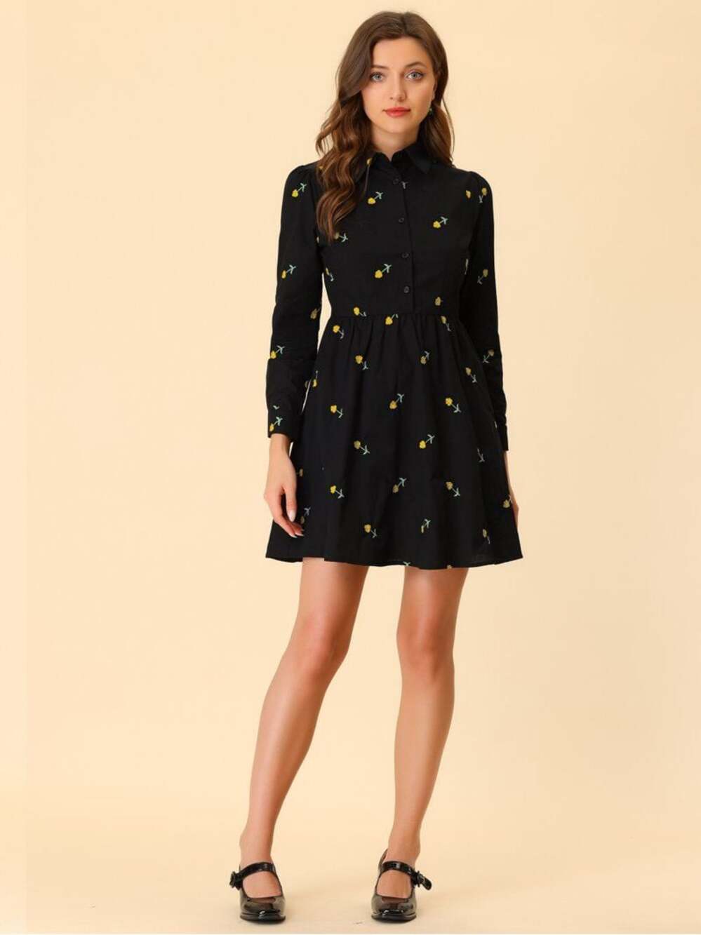 Floral Button Placket Mini Shirt Dress L Black
